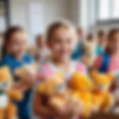 Children happily receiving donated soft toys