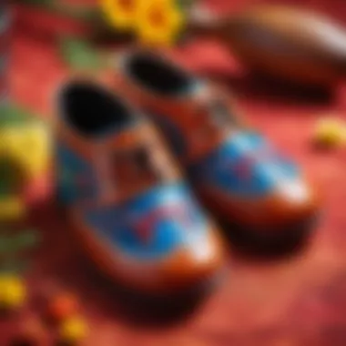 Traditional children's shoes known as cheshki displayed on a vibrant background.