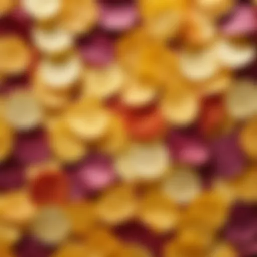 A close-up of colorful potato chips arranged in an artistic manner, showcasing different textures and flavors.