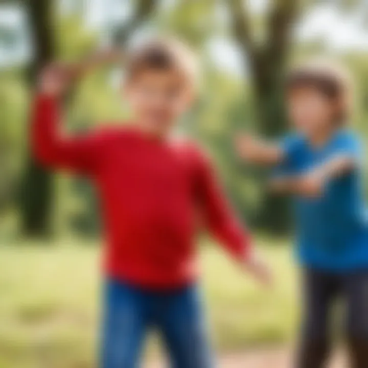 Children playing outdoors with a boomerang