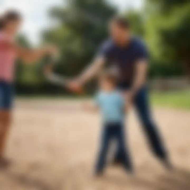 A parent teaching a child how to throw a boomerang