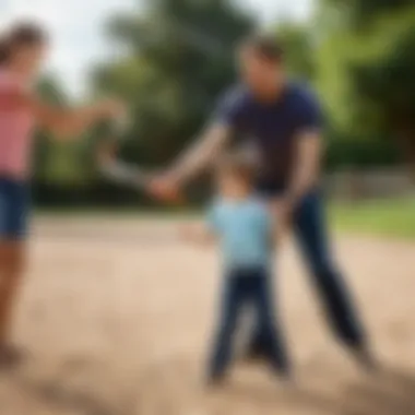Parent Guiding Child on Boomerang Throwing A parent teaching a child how to throw a boomerang