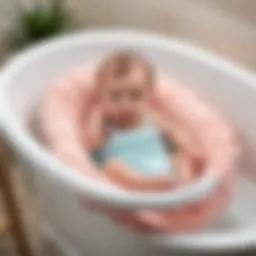 A newborn comfortably positioned in a bath seat, showcasing safety features.