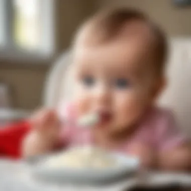 A parent feeding a baby with a spoon, introducing cottage cheese as a new food.