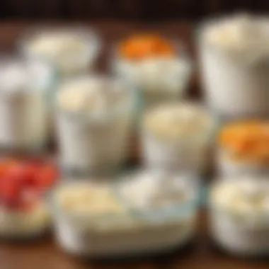 Different types of cottage cheese displayed in clear containers, showcasing variety.