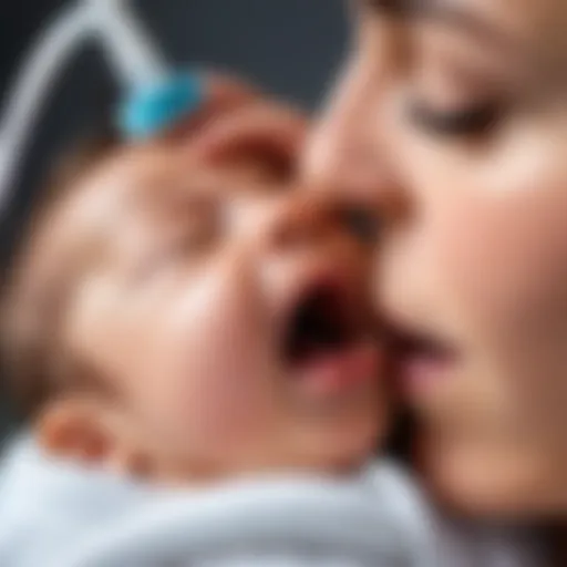 Close-up of a newborn being comforted during nasal cleaning