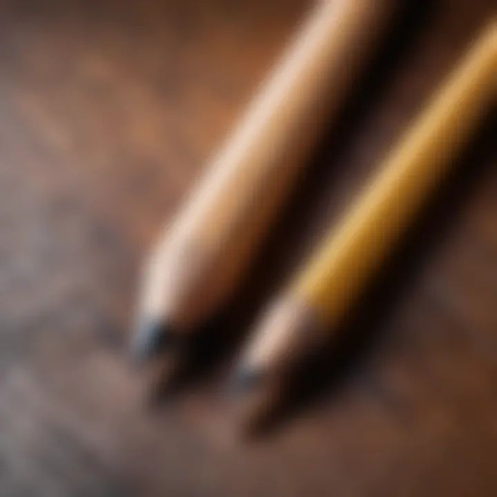 Close-up of a wooden pencil alongside a plastic pencil highlighting texture differences