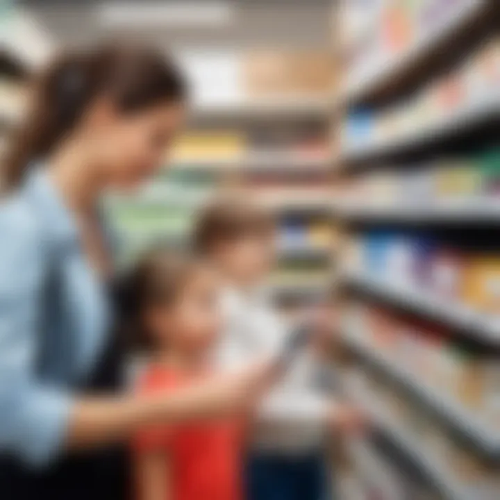 Parents examining labels on amino acid products in a store