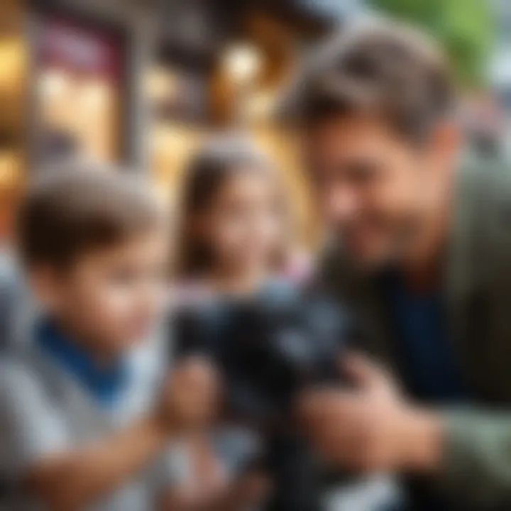 A parent assisting a child with camera settings