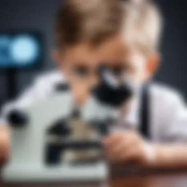 A child observing a slide under a microscope