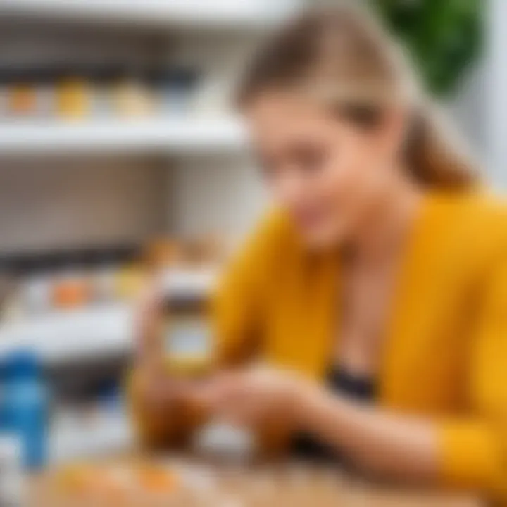 A mother reading a label on vitamin supplements for a young child