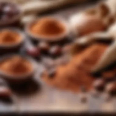 Cocoa beans and powder on a rustic table