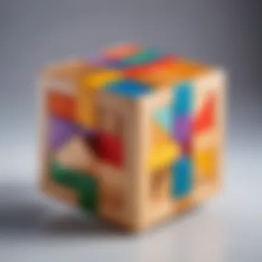 A completed wooden cube puzzle displaying its vibrant and geometric design