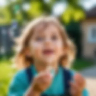 A child joyfully blowing bubbles outdoors in a sunny environment