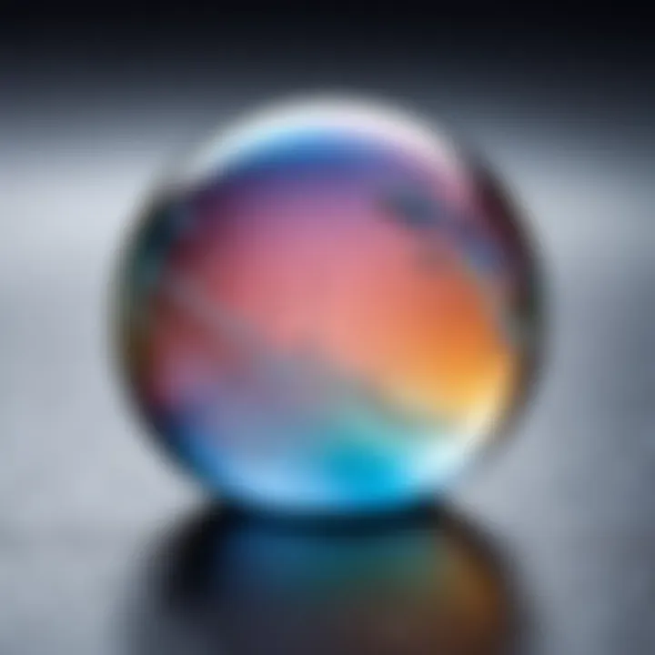 A detailed view of a soap bubble resting on a surface, showcasing its thin film