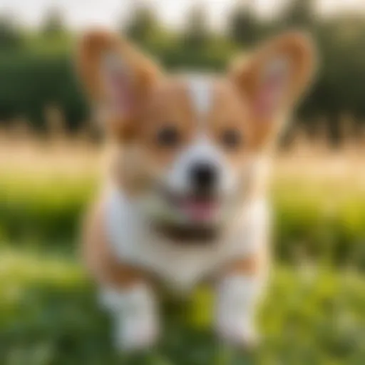 Corgi puppy playing in a grassy field