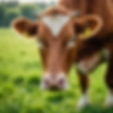 A healthy cow grazing in a lush green pasture.