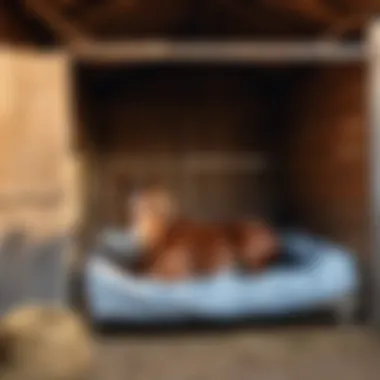 A cozy stable setting for a small pony with bedding and hay