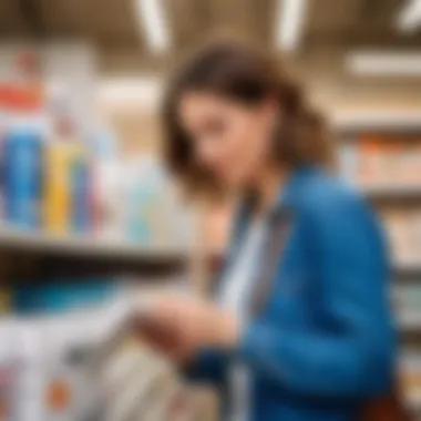 A shopper examining adhesive products in a craft store