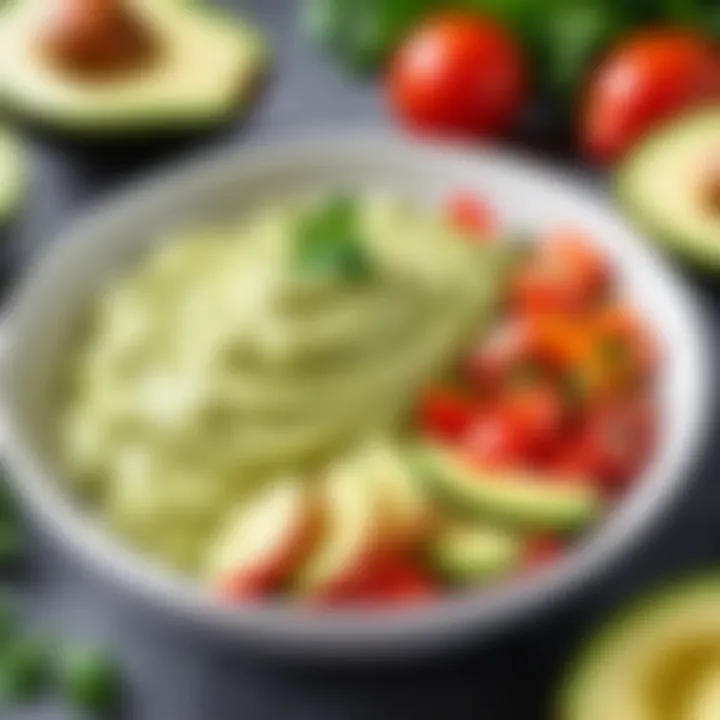 Close-up of a creamy avocado sauce drizzled over fresh vegetables