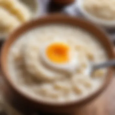 A close-up of a spoonful of creamy rice porridge, highlighting its smooth texture and wholesome appearance.