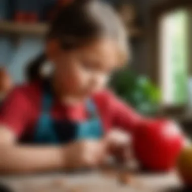 A child focused on crafting a clay apple