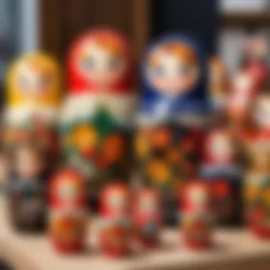 A cultural exhibition featuring matryoshka dolls alongside traditional Russian artifacts.