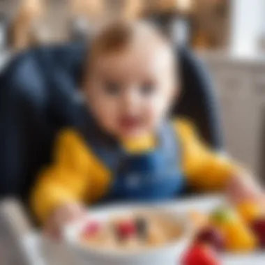 An adorable baby sitting in a high chair, curiously looking at a bowl of cereal with fruits.