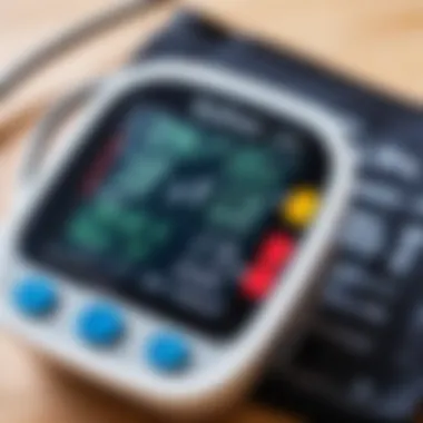 Close-up of a digital blood pressure monitor with a reading displayed