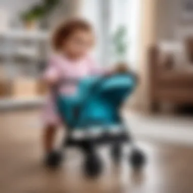 Child playing with a doll stroller indoors