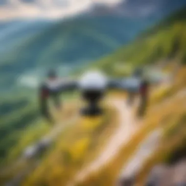 A modern drone equipped with a high-resolution camera flying over scenic landscapes