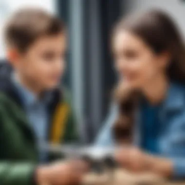 A parent and child discussing the features of a drone