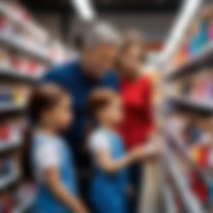 Parents examining realistic dolls in a shop, considering their purchasing options.