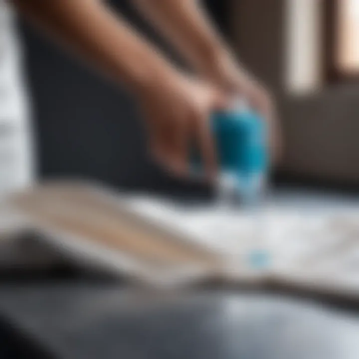 A spray bottle with water being used to smooth out fabric