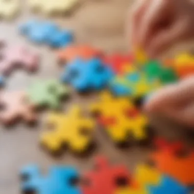 A close-up of puzzle pieces being connected, emphasizing fine motor skills in action.