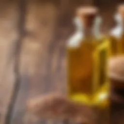 Bottles of golden flaxseed oil on a wooden table