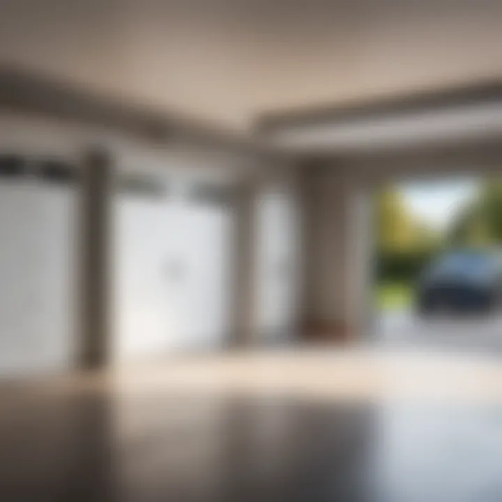 A garage door being opened, revealing a spacious interior.