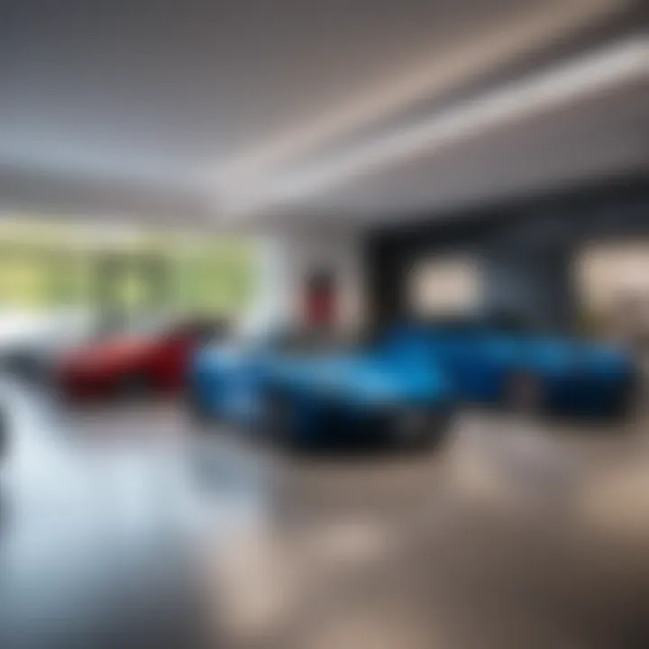 A modern garage showcasing sleek cars.