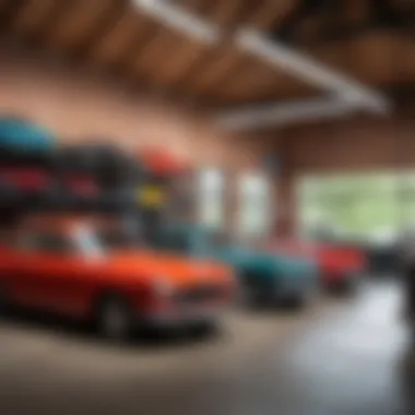 A traditional garage with vintage vehicles.