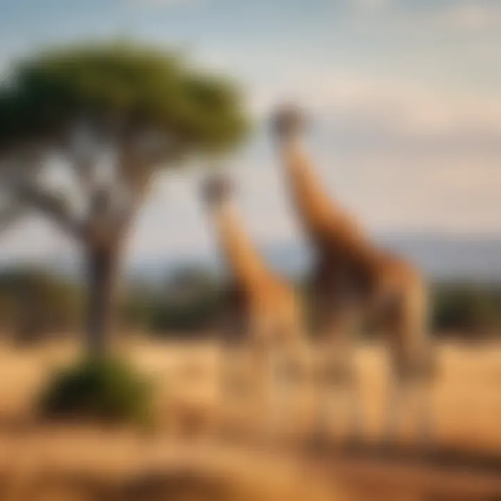 A serene landscape depicting a giraffe peacefully coexisting with its environment.