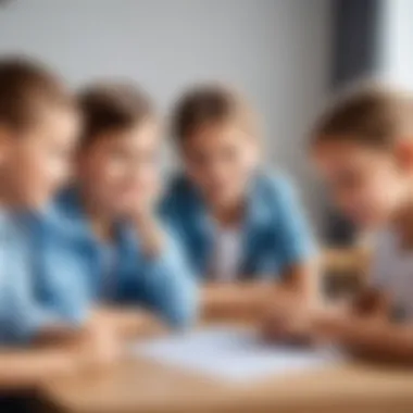 A group of children discussing strategies while playing the Guess the Character game, demonstrating communication skills.