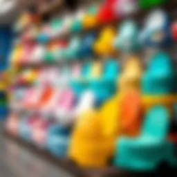 A colorful array of children's potty options displayed in a store.