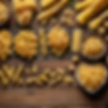 Different types of pasta displayed on a wooden table