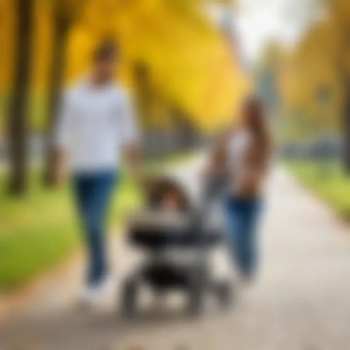 A parent and child enjoying a stroll in the park with a stroller