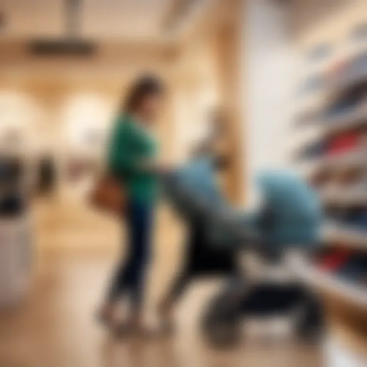 A parent examining a high-end stroller in a boutique