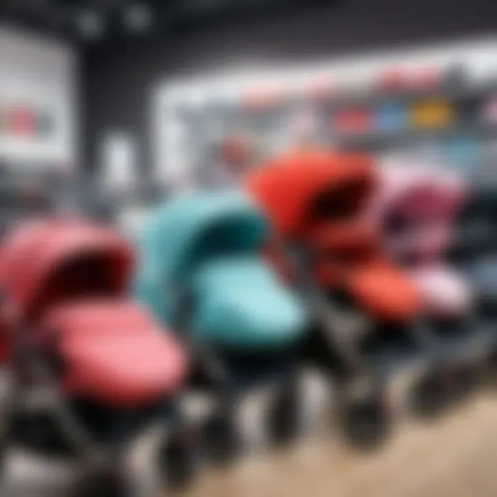 A diverse range of baby strollers displayed in a store