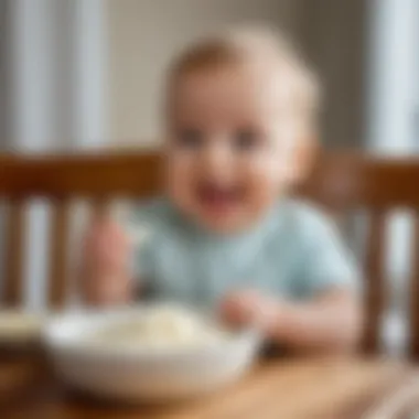 A baby enjoying cottage cheese, showcasing a happy mealtime