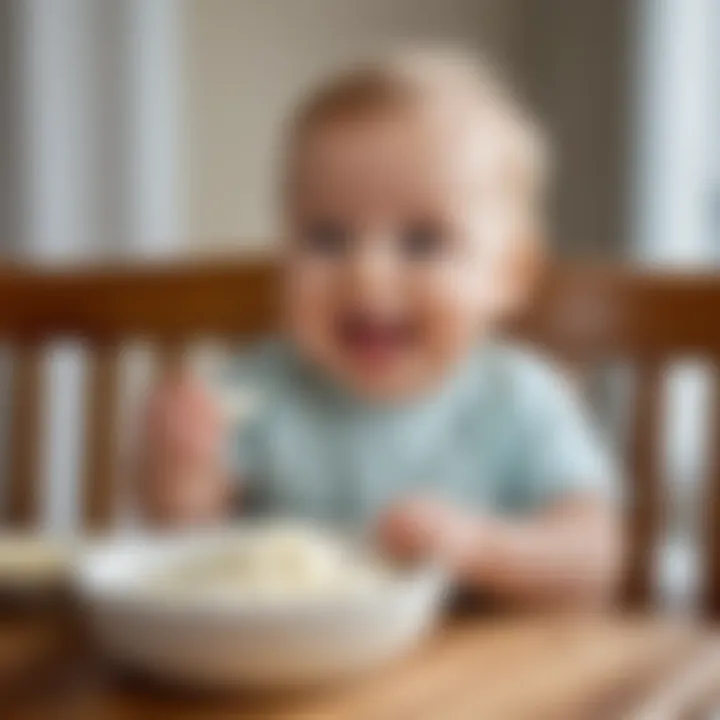 A baby enjoying cottage cheese, showcasing a happy mealtime