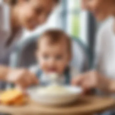 A parent feeding cottage cheese to their baby in a high chair