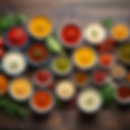 A vibrant assortment of healthy sauces on a wooden table